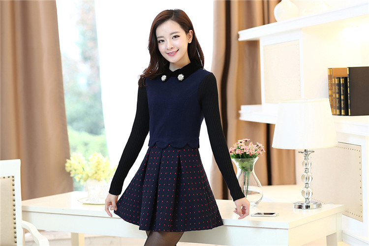 韩衣兜 春秋装新款韩版女装时尚毛呢拼接娃娃领长袖连衣裙 E9722 红色 XL