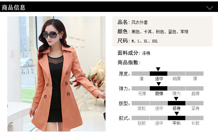 韵奴春装新款女装韩版修身时尚纯色双排扣V领风衣 女 中长款外套 军绿色 XXL