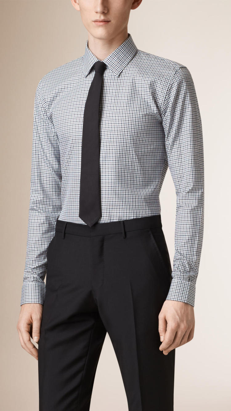 巴宝莉/burberry 男士 修身小方格棉质正装衬衫 海军蓝 39840341