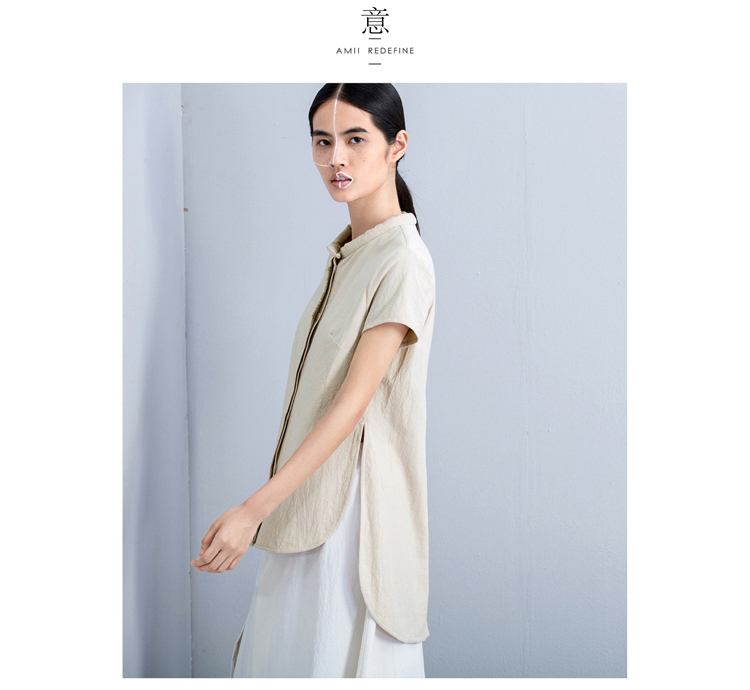 AMIIREDEFINE2015秋新品立领绣花前短后长纯棉大码衬衫女61570860 砖红 XL