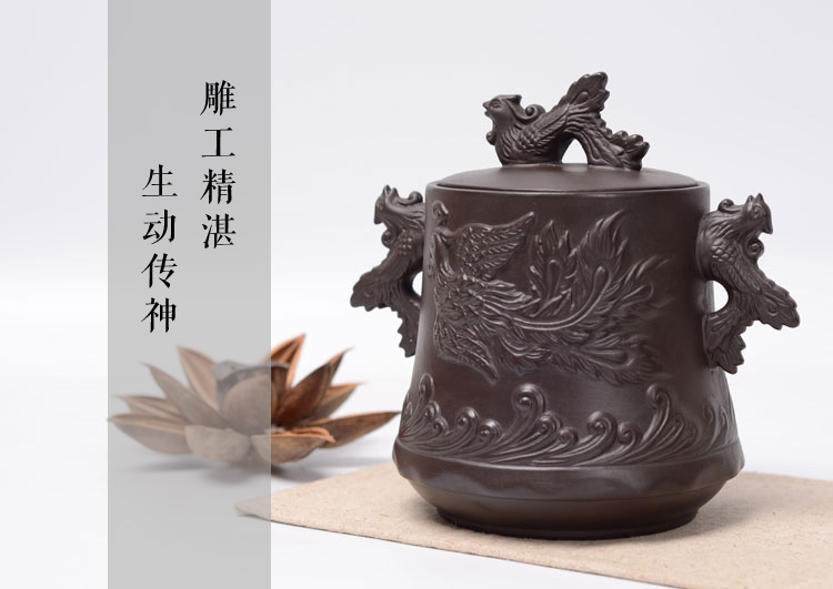 博度 宜兴黑紫砂龙凤茶叶罐 大号茶罐陶罐 复古密封罐 包装储藏罐 龙凤对罐