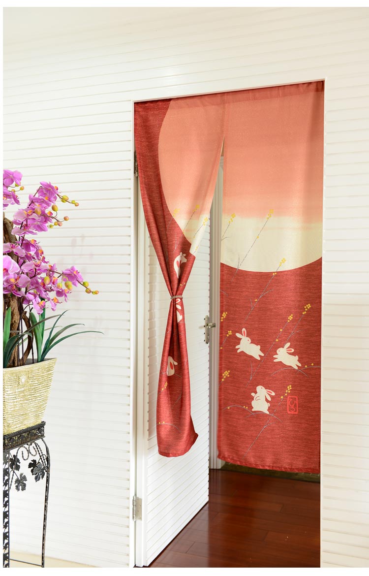 
                                        风雅荷塘  玉兔奔月85*150CM 金丝银丝印花风水布艺门帘 隔断帘 送杆 深卡其色                
