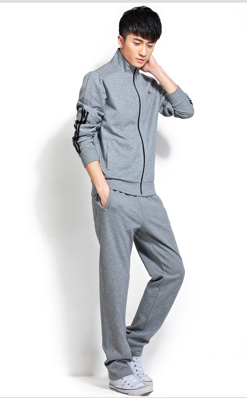 2015新款立领春秋男士休闲运动服套装 跑步健身运动中年男运动服 浅