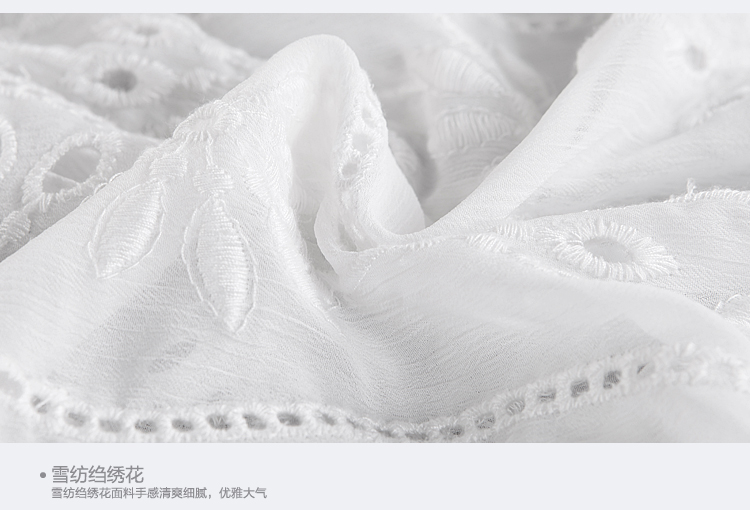 晴碧琳新品女装 蕾丝花边V领宽松蝙蝠袖绣花镂空雪纺衫 白色 L