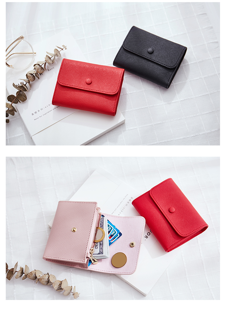 波斯丹顿女士卡包零钱包短款牛皮搭扣女生钱夹皮夹女式小包包 红色