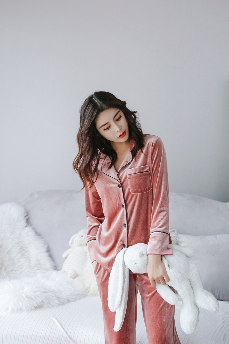 法国kj家居服金丝绒衬衫长袖睡衣少女睡衣女士家居服套装天鹅绒舒服