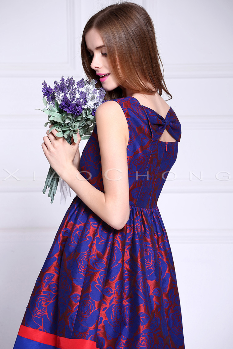 小虫2015秋季新款女装蓬蓬甜美方领蝴蝶结a字公主裙 蓝色 l