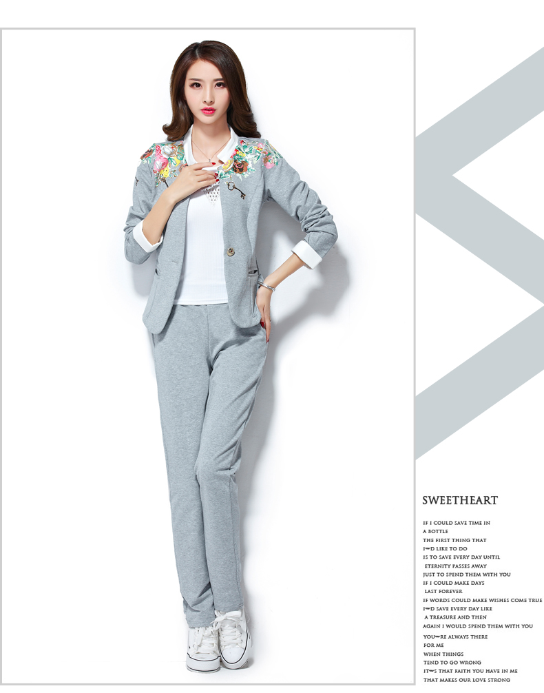 澳奇美2015秋装女装小西服三件套修身显瘦气质运动套装时尚休闲8932 浅灰色 M