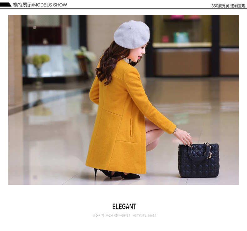 羊毛呢大衣女外套韩版 轩诗琪 大码女装修身显瘦尼上衣中长款妮子外套 黄色 M