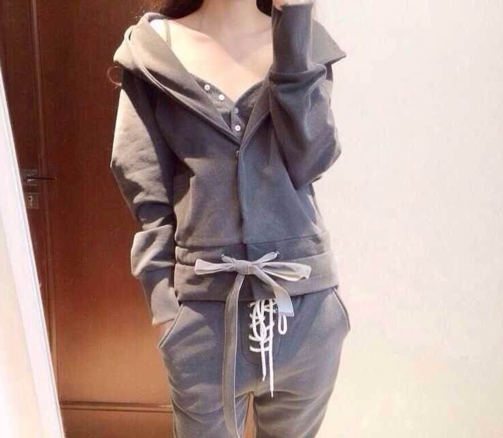 绿衣阁2016秋装韩版烟灰色连帽运动休闲套装三件套卫衣女 秋9310 图片色加绒款 L