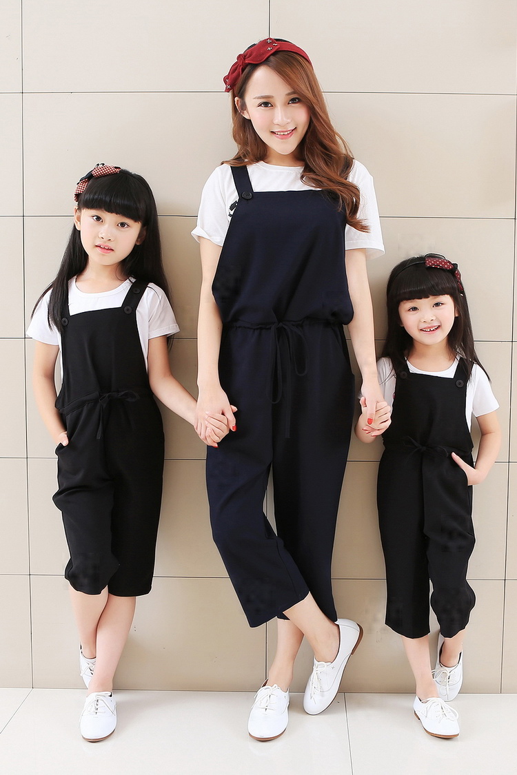 夏季韩版休闲七分背带裤母女装亲子装夏装套装显瘦阔腿裤1575 黑色