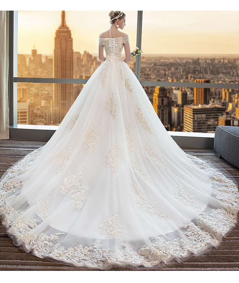 拖尾公主梦幻2020新款秋冬季显瘦欧美宫廷长拖尾婚纱蕾丝手工刺绣定制