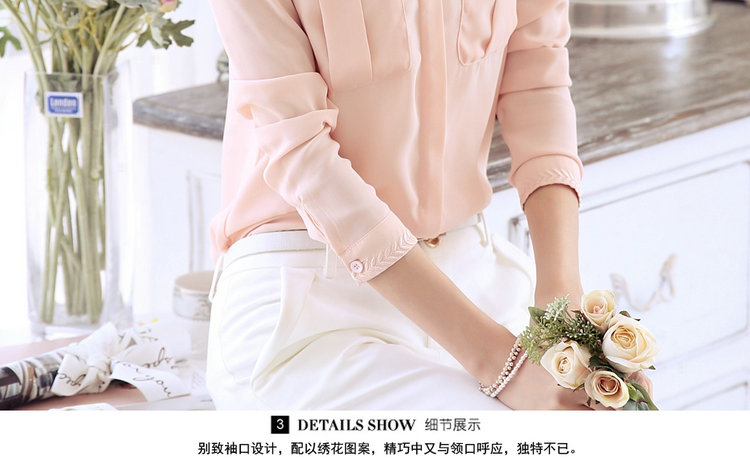 旭冲2015秋装新款绣花衬衣女韩版雪纺衫衬衫女长袖 裸粉色 XXL