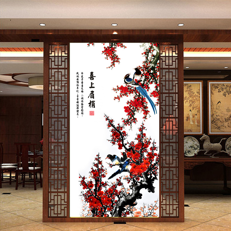 艺舍走廊无缝壁纸壁画玄关过道墙壁纸喜上眉梢红梅花鸟背景墙纸壁布