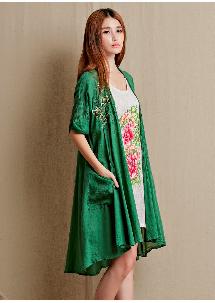 女装棉麻皱褶绣花外披衬衫zyxa6933hd01b 绿色 均码【图片 价格 品牌
