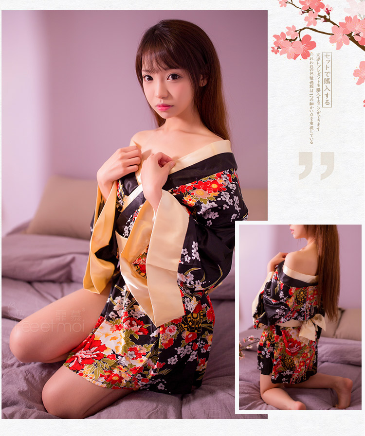 霏慕 性感日式印花和服开襟睡衣女低胸漏乳睡裙玩性情趣内衣制服诱惑