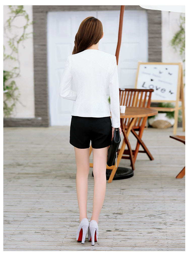 伊美德 2015新款秋装时尚深V领长袖韩版压花蕾丝复合纯色外套女百搭职业气质小西装新品 白色 XXL