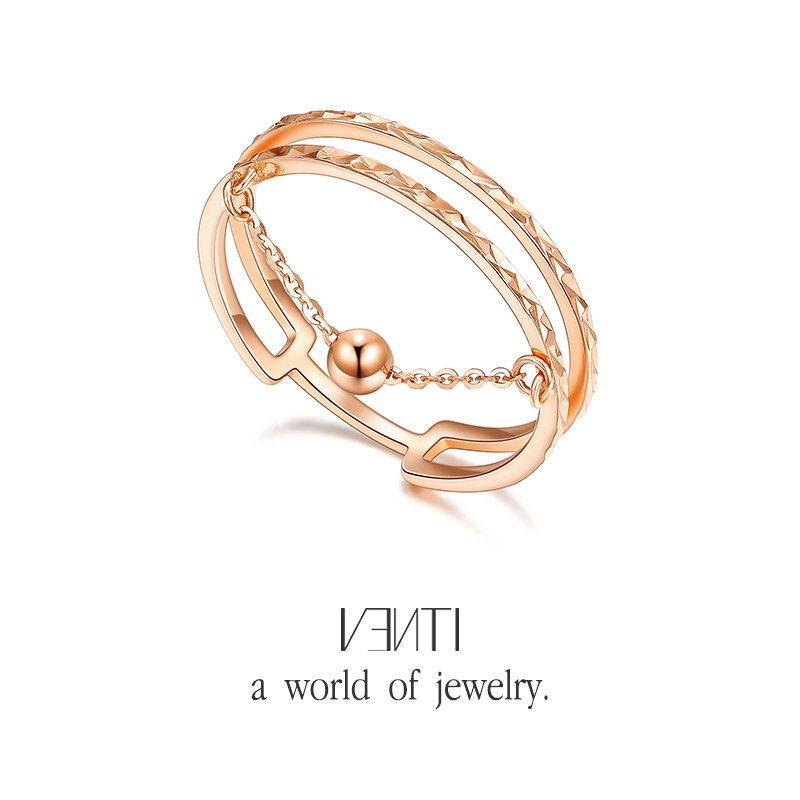 venti/梵迪珠宝 双层链戒 彩金戒指女款 18k金食指戒 au750圆珠链子