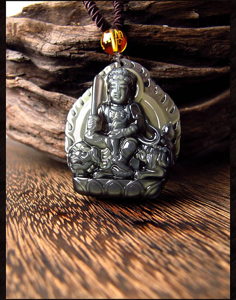 万宗 文殊菩萨天然冰种彩虹眼黑曜石本命佛吊坠男女项链水晶生肖兔