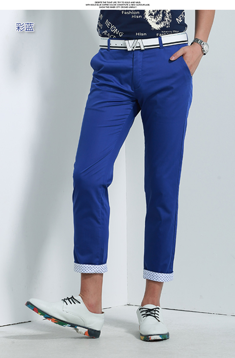 夏天男士裤子九分裤韩版休闲修身型休闲裤男青少年学生卡其布裤 蓝色