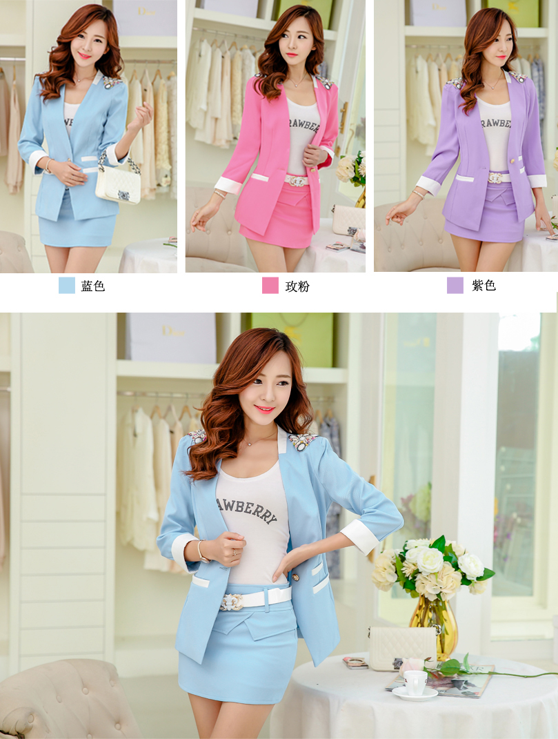 斯芭艺　2015秋新款韩版西装外套女式 小西服套装 玫粉(西装 L