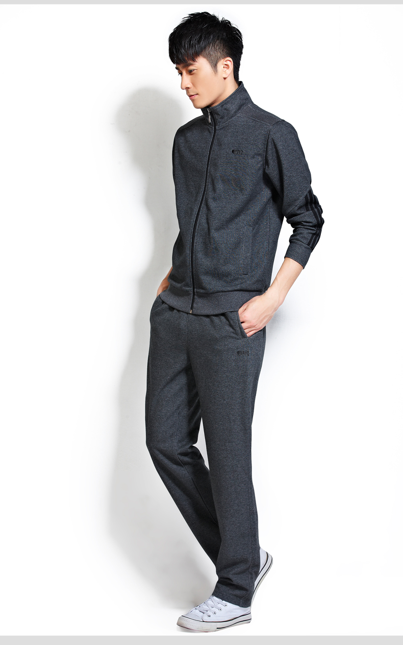 2015新款立领春秋男士休闲运动服套装 跑步健身运动中年男运动服 浅