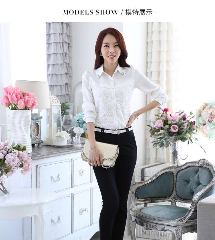 
                                        合范衬衫女长袖2017春装新款蕾丝雪纺衬衫 HF1688 条纹 S                