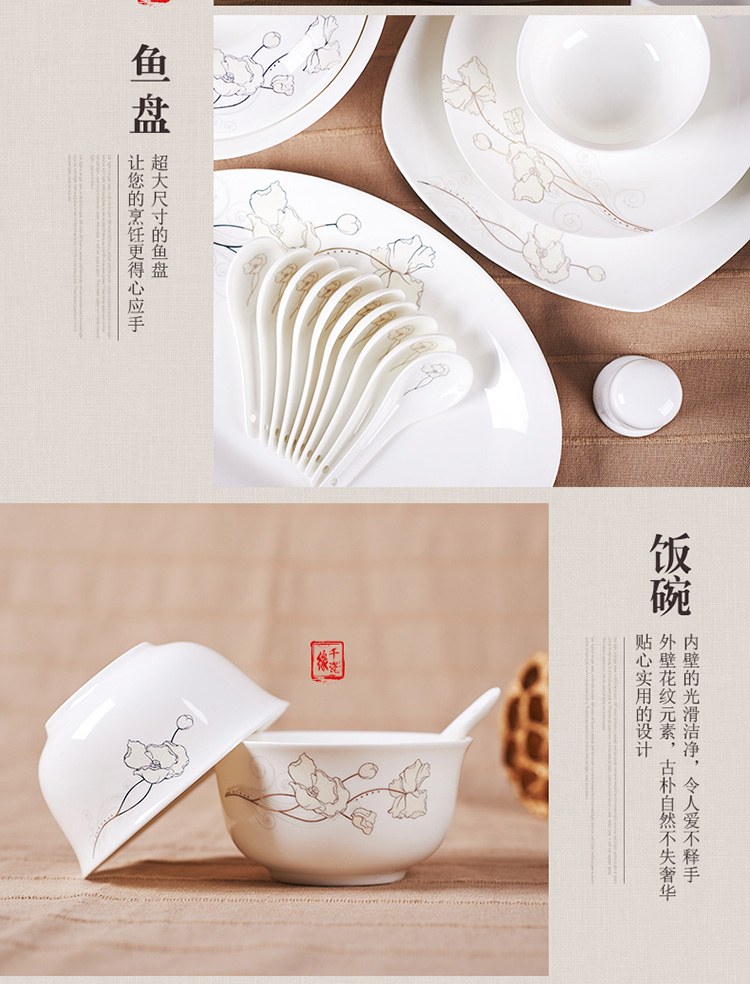 千瓷缘 景德镇56头骨瓷餐具套装  碗碟套装陶瓷器结婚乔迁礼品 金色维也纳