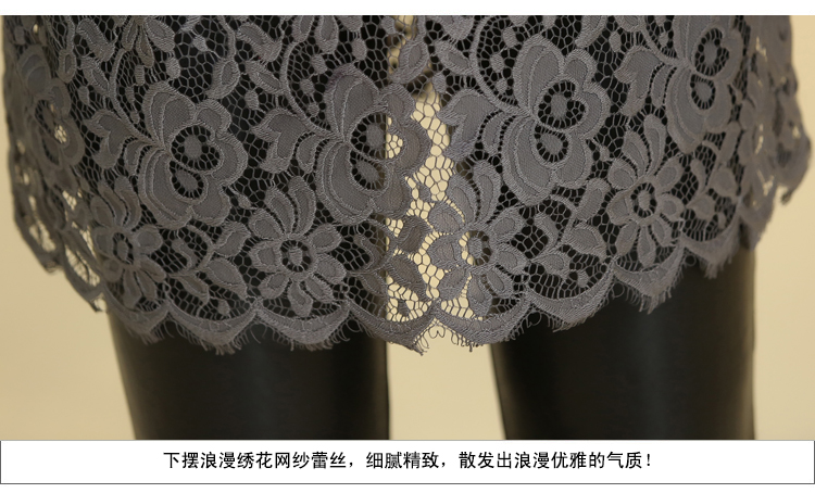 莎兰服饰雪纺衫2016春季新款圆领修身显瘦长袖貂绒蕾丝拼接中长款打底衫绣花上衣女装韩版时尚 灰色貂绒款-名依诚品 L