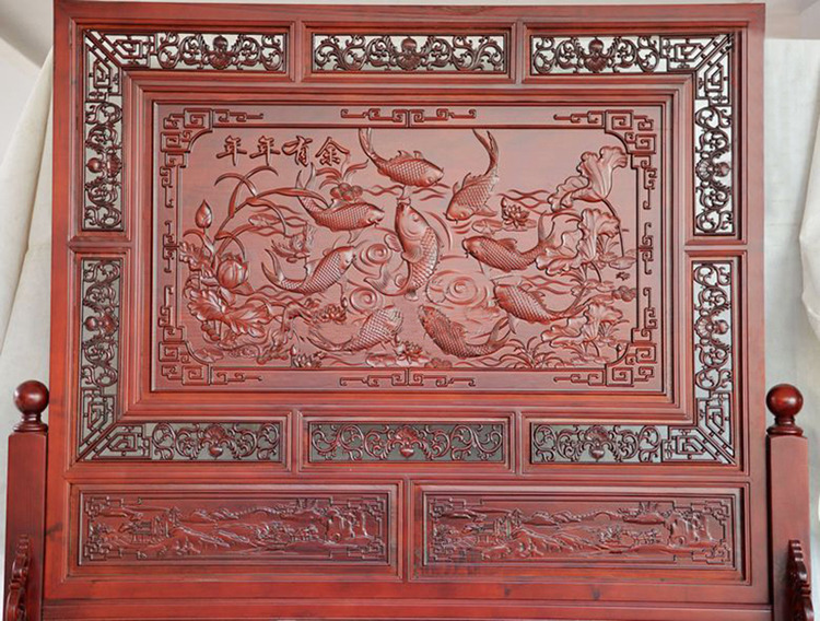
                                        东阳木雕 年年有余 开业乔迁搬家礼品 落地屏 屏风 插屏 座屏 实木客厅玄关隔断                