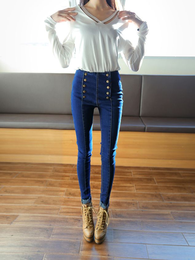 【ms.highs】2014秋款显瘦修身高弹双排扣小脚牛仔裤399 深蓝色 30码