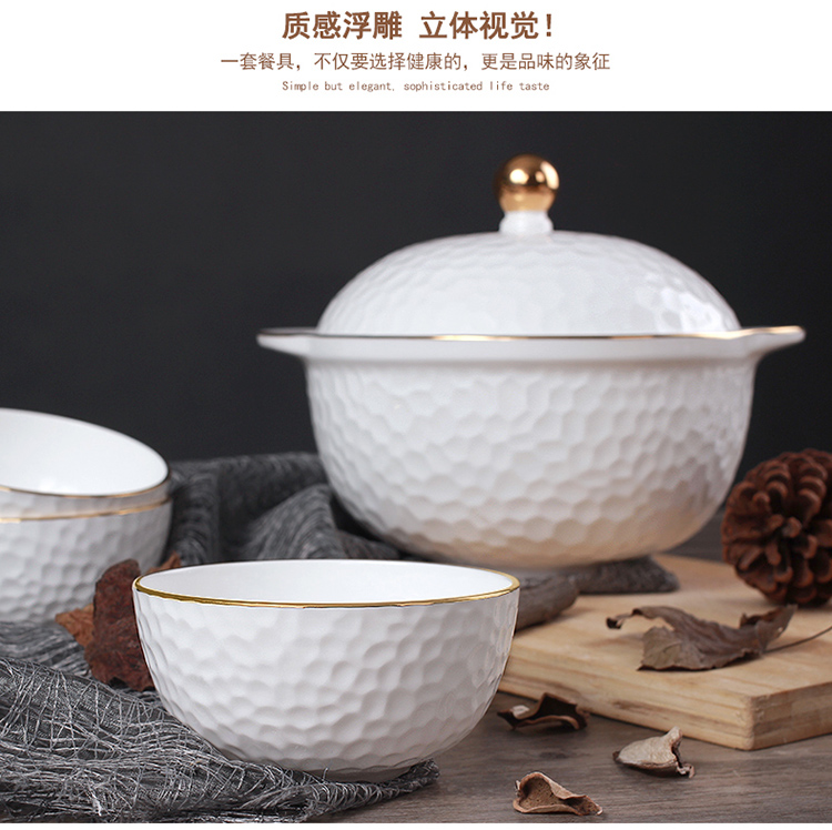
                                        vidsel 碗盘骨瓷餐具套装 60头欧式浮雕描金碗具韩式陶瓷碗碟碗筷 50头黄金水立                
