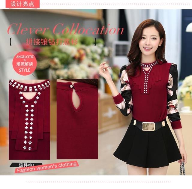 
                                        依阁莎2018新款韩版显瘦圆领镶钻雪纺长袖t恤打底衬衫女YG5661 白色 S                