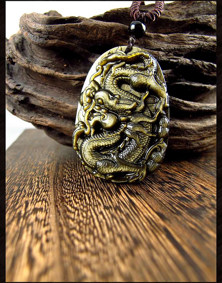 唐玛神龙出海天然金曜石大龙牌吊坠男黑曜石水晶项链