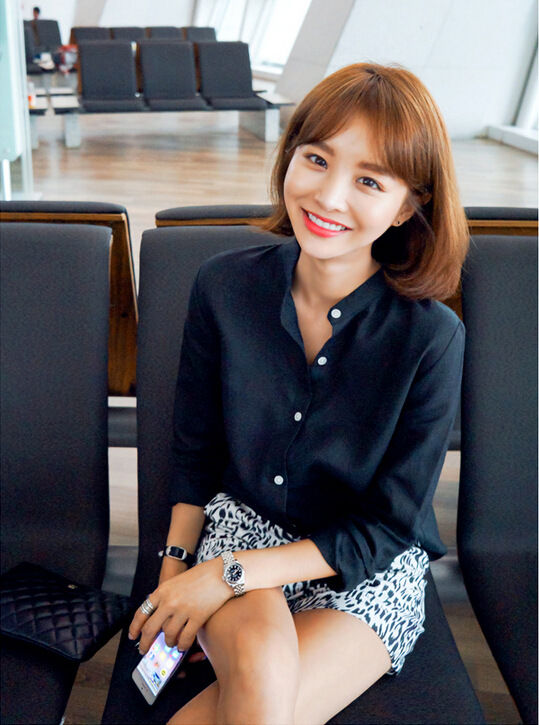 卡斯妮娅2015秋季新款纯棉纯色女式小立领长袖休闲衬衣宽松时尚款KS-3046 天蓝色 M