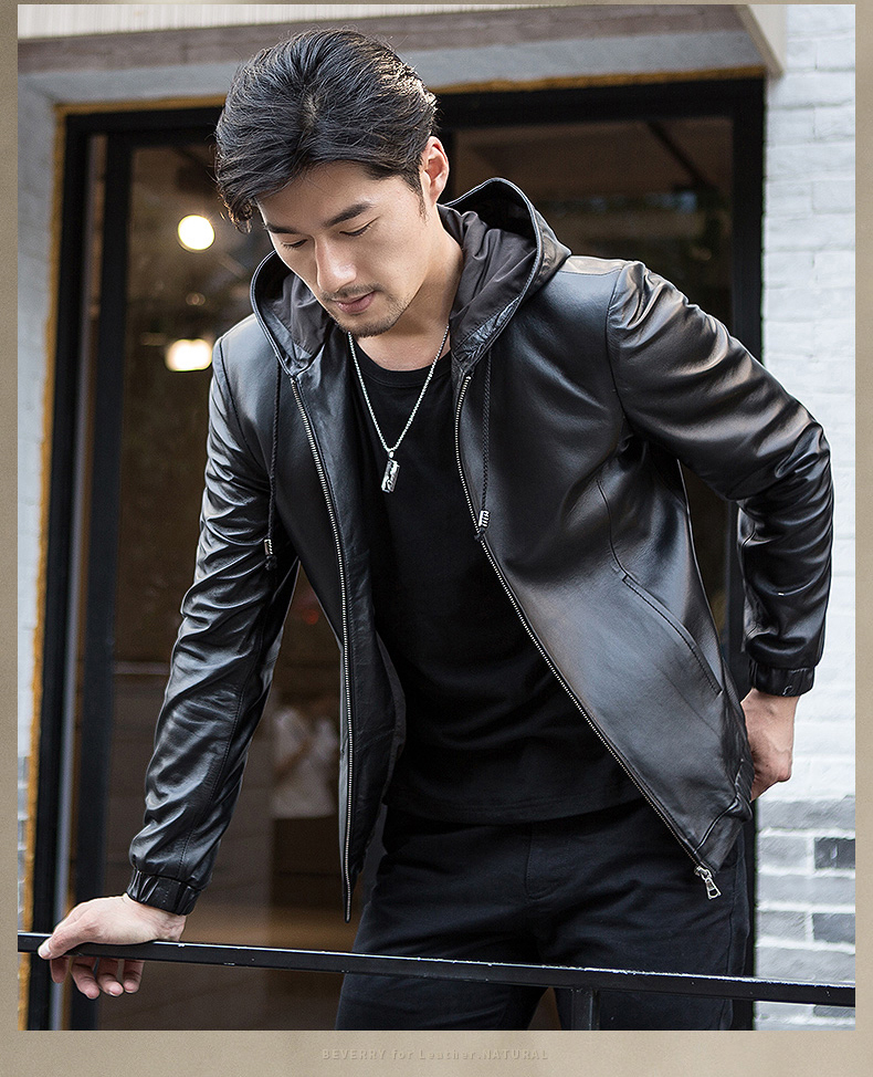 男士海宁连帽真皮皮衣男士保暖防风短款头层绵羊皮皮夹克 黑色连帽