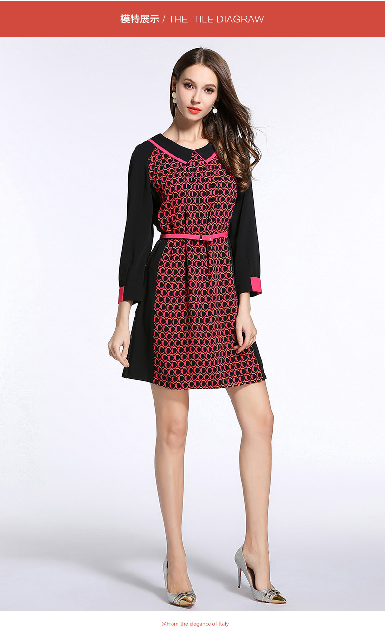 乔万尼春秋清仓女装 修身经典拼色印花显瘦收腰连衣裙女 红黑色 s