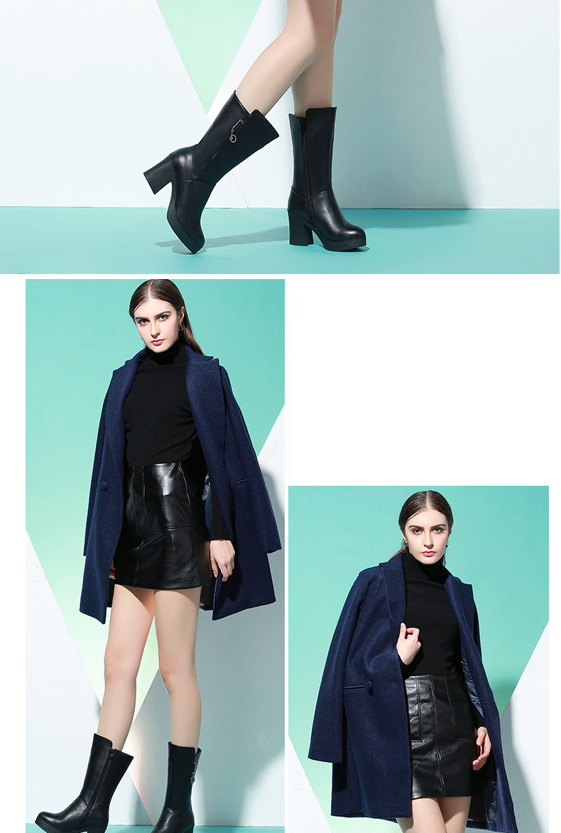 伯莎丹顿女鞋皮毛一体中靴真皮羊毛女靴中跟粗跟厚底靴子 黑色[全皮