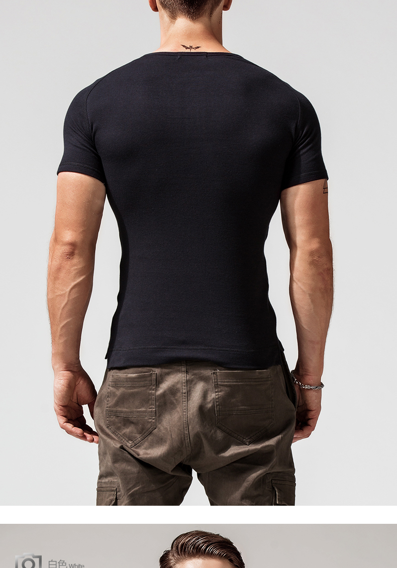 简束 紧身短袖男潮 男士纯色棉质开领短袖t恤男 修身运动上衣服体恤