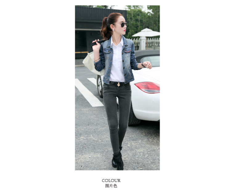 专欣衣质 2015秋装新款牛仔短外套韩版修身显瘦街头款上衣女时尚翻领长袖百搭单排扣 图片色 M