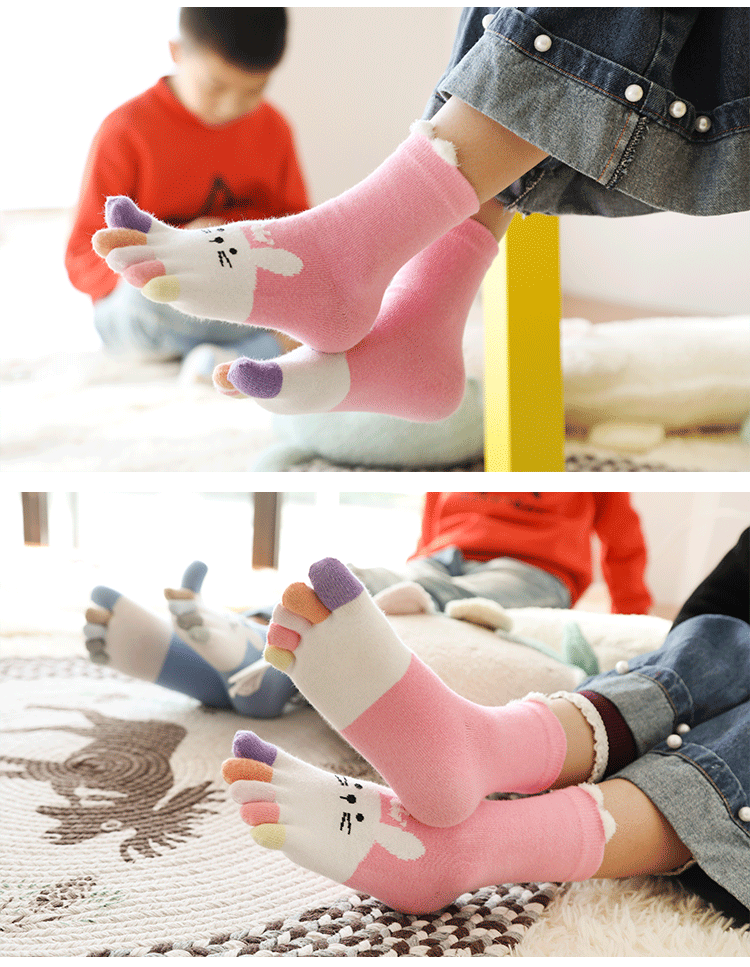 俞兆林5双儿童五指袜男童中筒袜可爱卡通全棉女童分趾袜子4-7 7-12岁