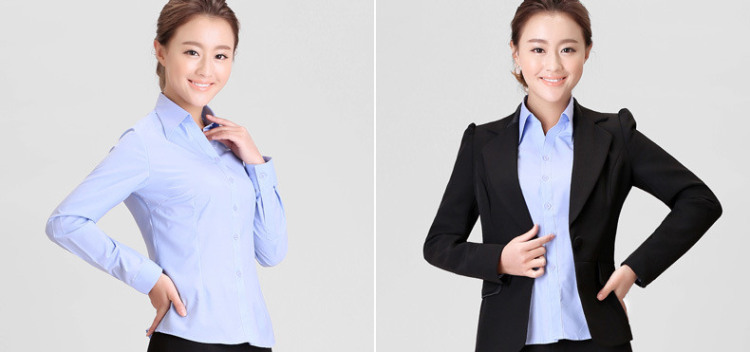 伯曼 2015新款春秋装女士白领长袖衬衫韩版职业工作服衬衣大码工装 蓝色斜纹V领 37