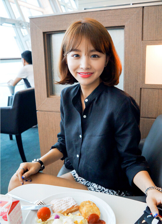 卡斯妮娅2015秋季新款纯棉纯色女式小立领长袖休闲衬衣宽松时尚款KS-3046 天蓝色 M