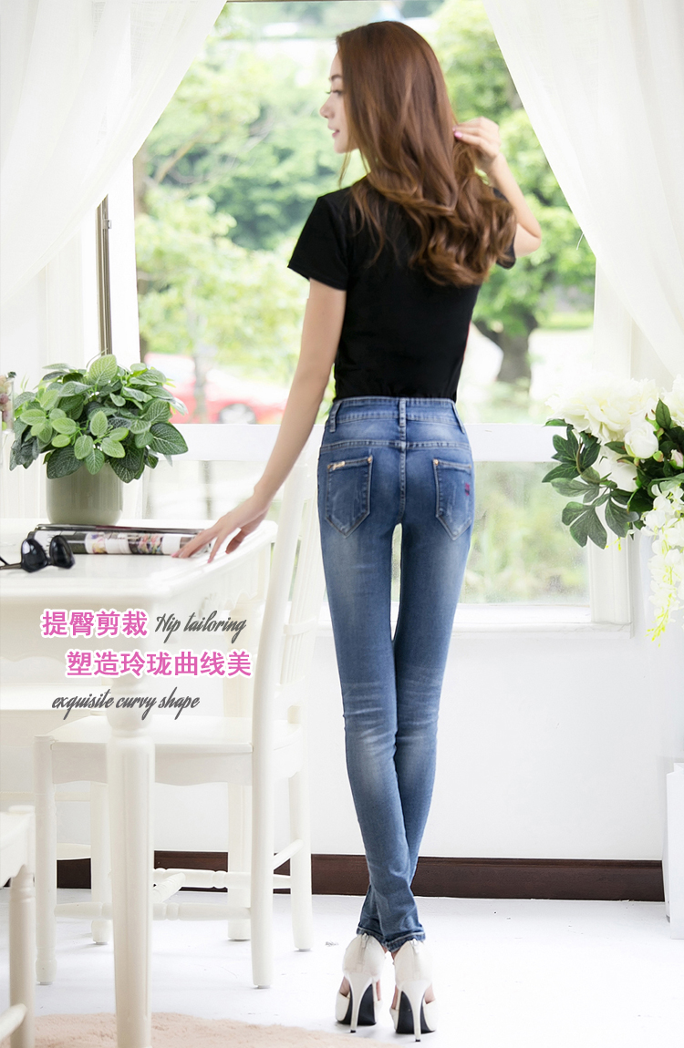 茗沁羽2016新款女装韩版修身显瘦牛仔裤弹力小脚铅笔长裤 蓝色 28码