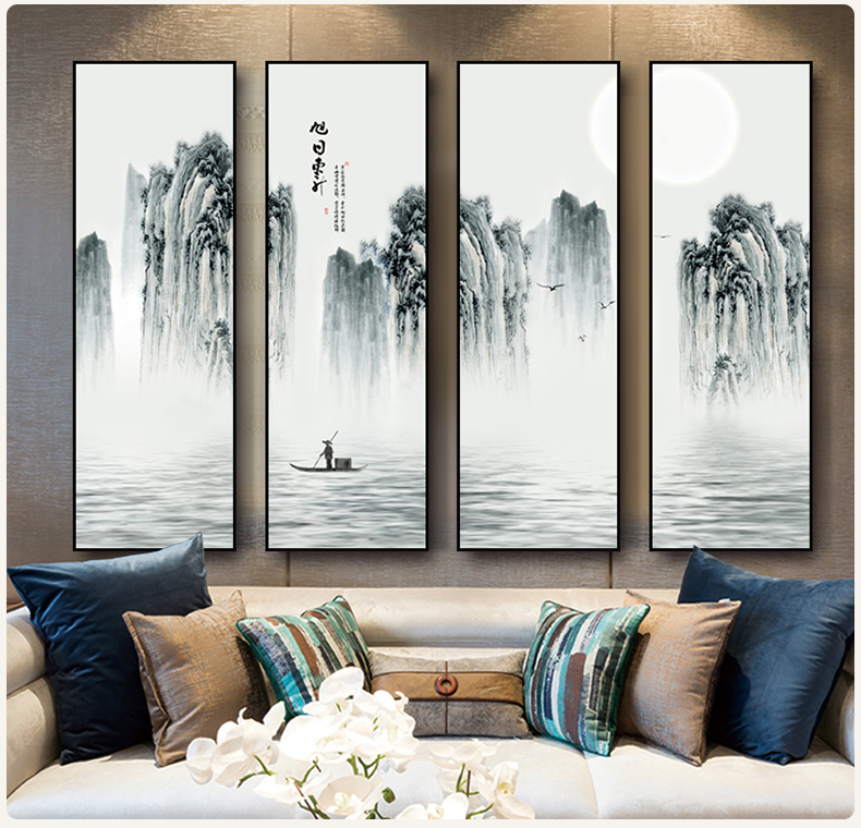 意境装饰画山水挂画新中式有框画风景客厅沙发墙四联画风水寓意壁画有
