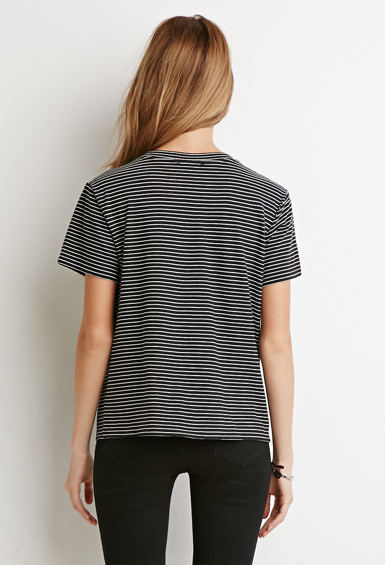 forever21 宽松细条纹全棉短袖t恤 藏青色/深黄色 m