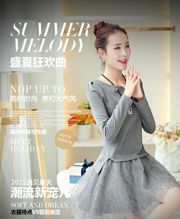 宝莲果2015秋装新款女装高腰韩版修身打底裙网纱裙子两件套装裙连衣裙 灰色 XXL