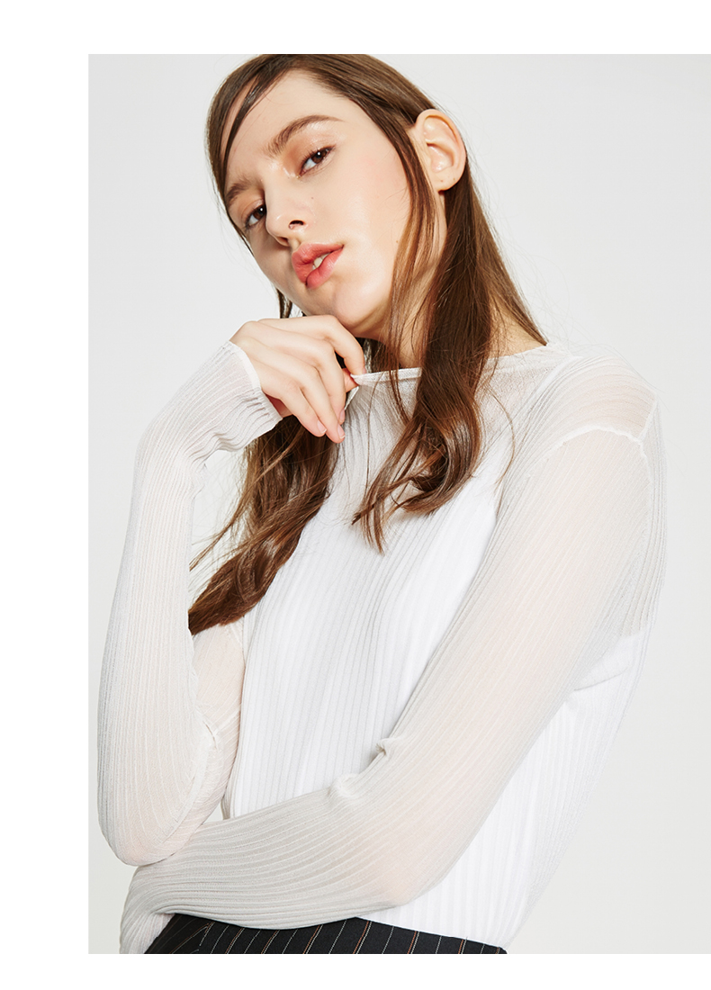 mecity女装2019粘纤立领纯色性感薄长袖打底衫519874 海雾紫 165/88a