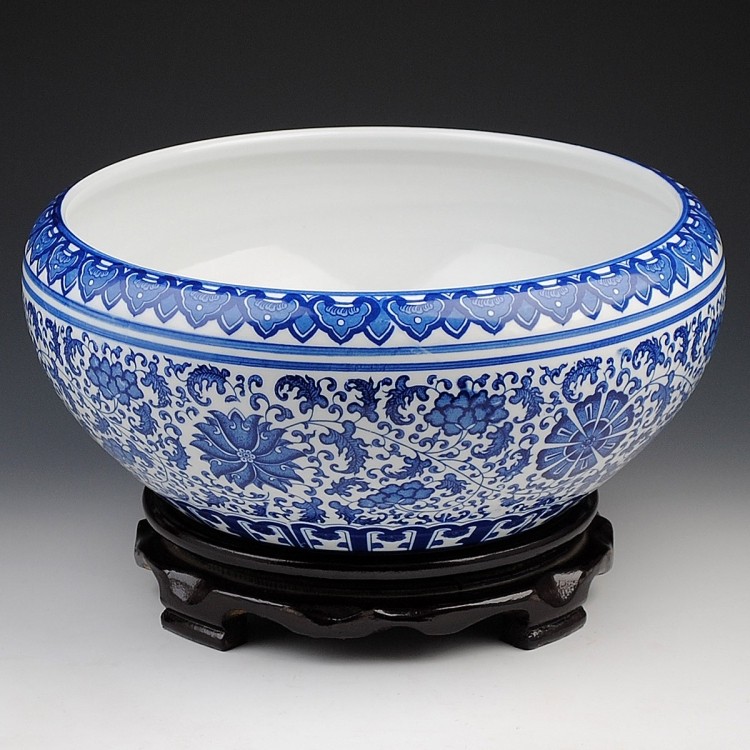 
                                        泰浦瓯 景德镇陶瓷器 青花瓷鱼缸 水浅 金鱼缸 乌龟缸 现代时尚家饰摆设 大号                