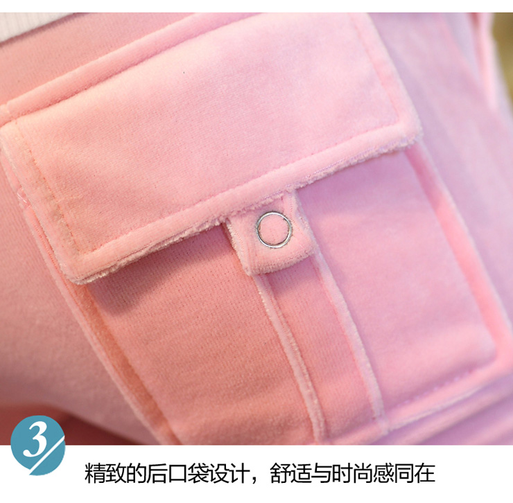 茉嘉娜早秋新款镶钻运动套装女长袖运动服大码休闲天鹅绒两件套 浅粉色 M   90-100斤